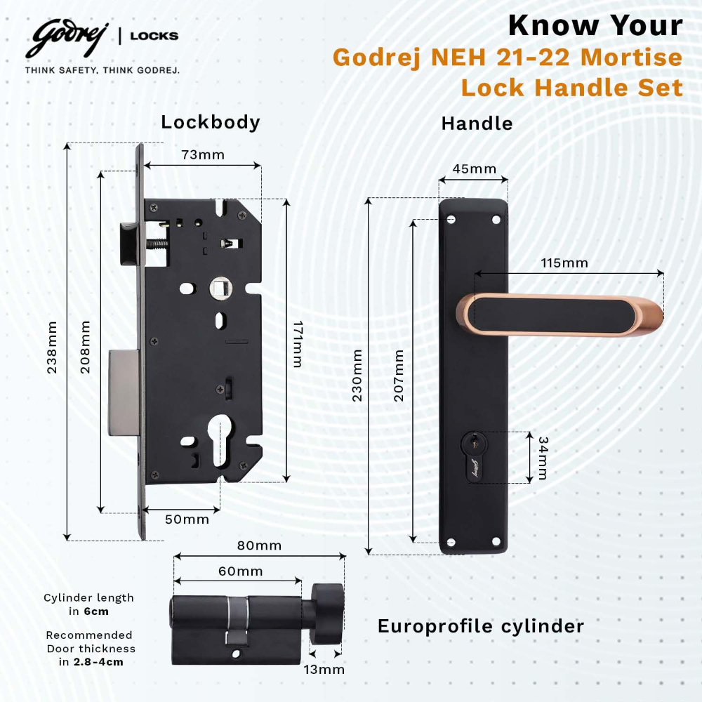 Godrej Mortise Lock|Handle Lock Set for Main & Internal Door of Home & Offices|NEH 21|Black Rose Finish|10 inch Lockbody|60mm Cylinder Key from Outside knob from Inside & 3 Keys|5 Years Warranty